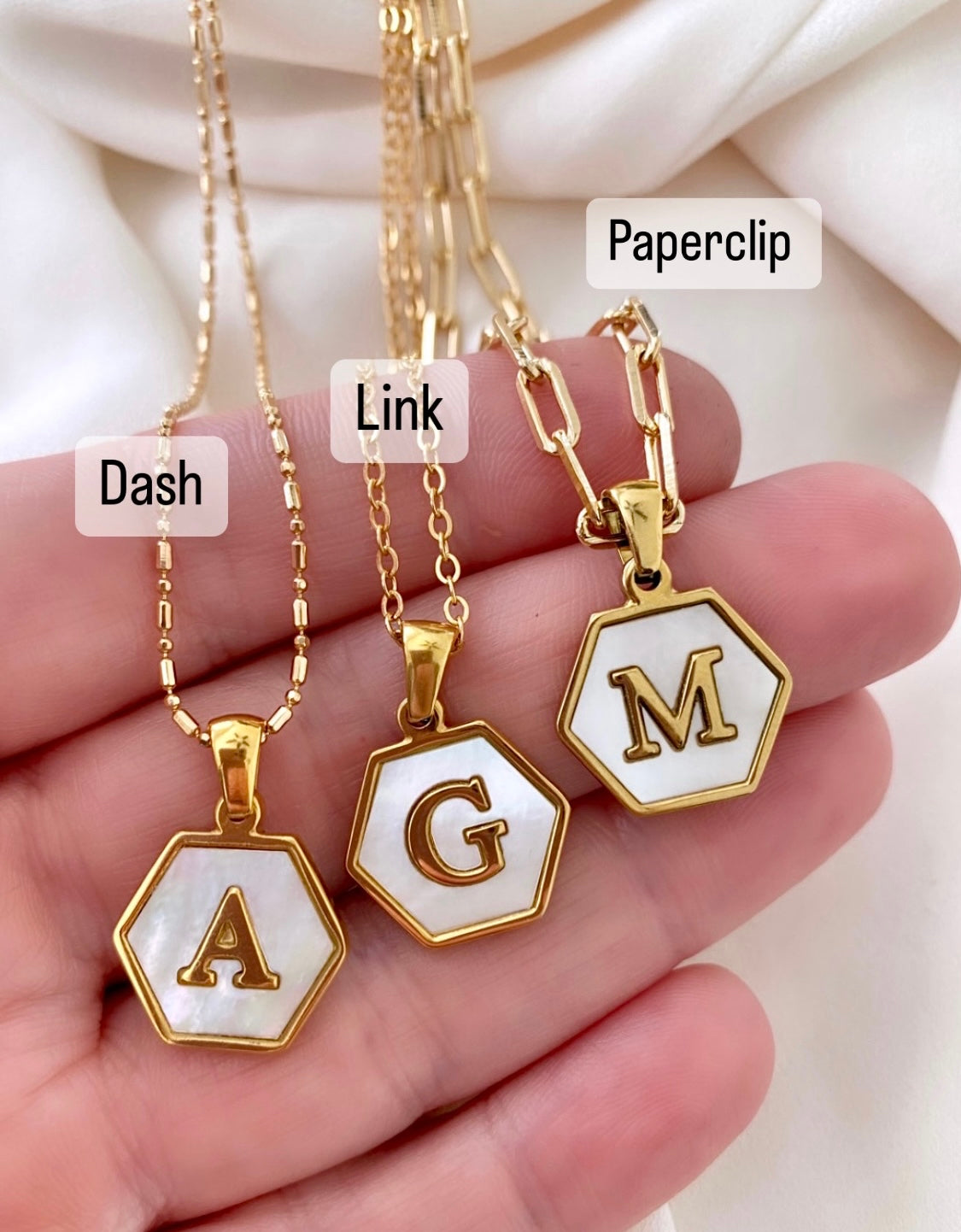 Gold Hexagon Mother of Pearl Letter Pendant Necklace - Gold Filled Chain