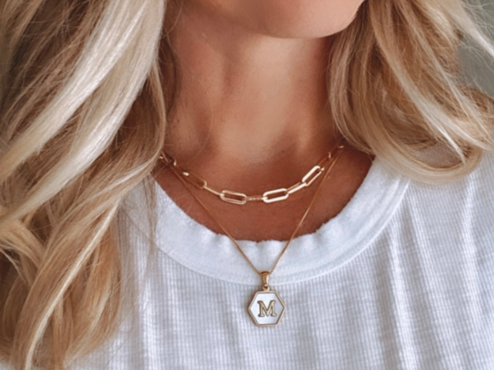 Gold Hexagon Mother of Pearl Letter Pendant Necklace - Gold Filled Chain - Customizable Gifts