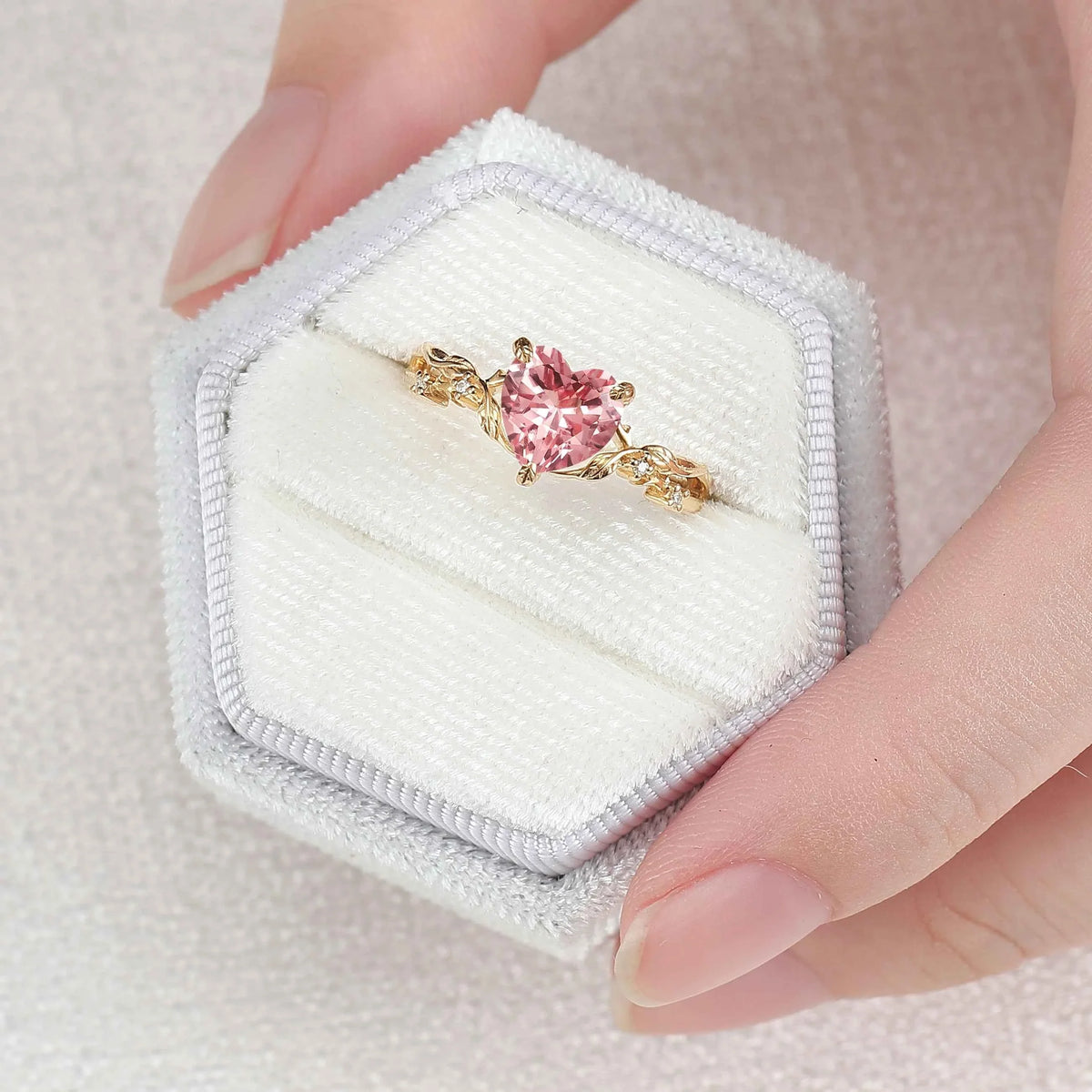 Nature Inspired Heart Cut Pink Padparadscha Leafy Gemstone Ring
