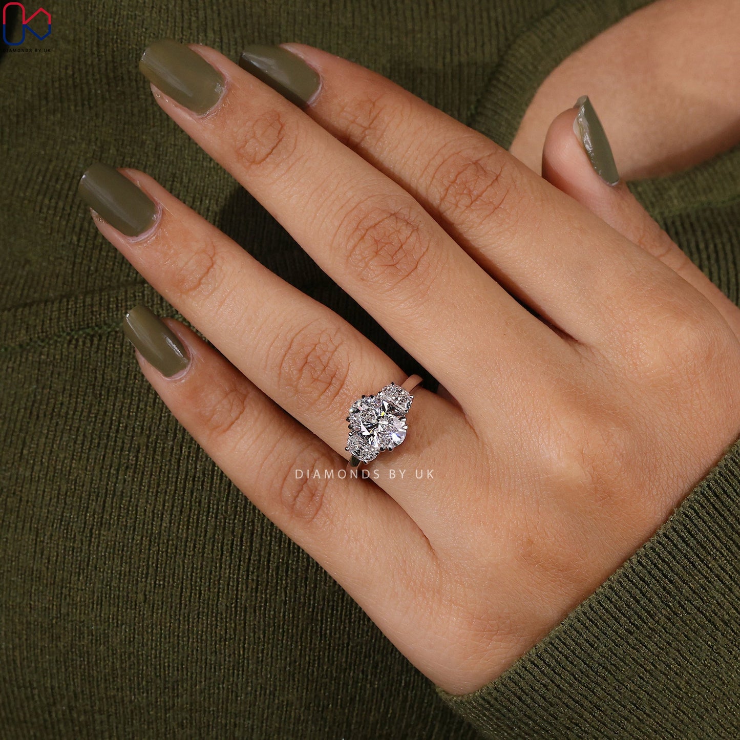 3 Stone Oval Diamond Engagement Ring In White Gold
