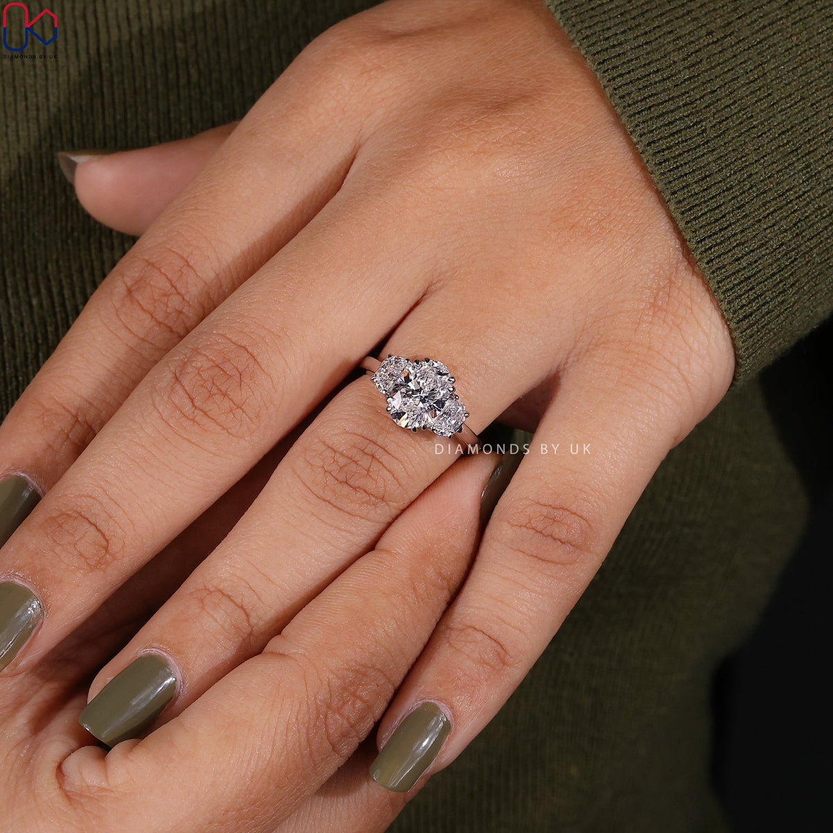 3 Stone Oval Diamond Engagement Ring In White Gold
