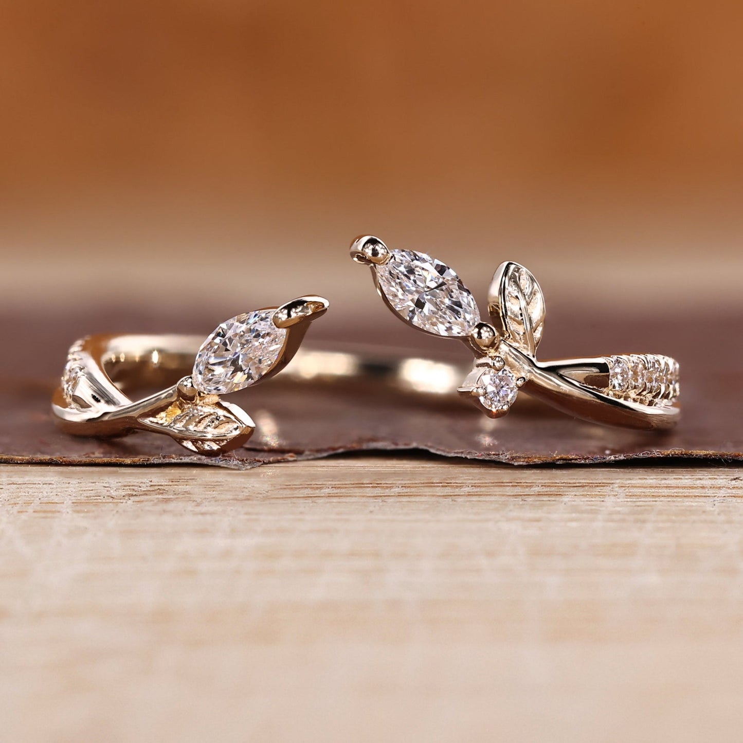 Nature Inspired Wedding Band with Marquise Stone in Open Gap Setting