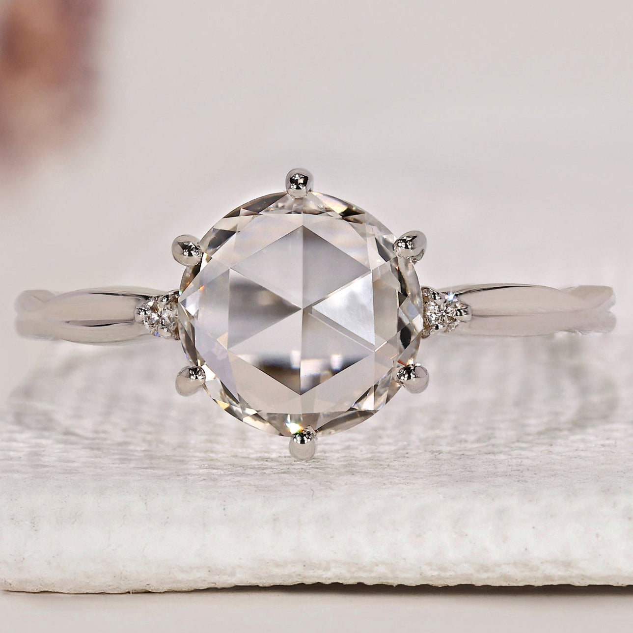 Rose Cut Diamond Ring with Round Side Stone