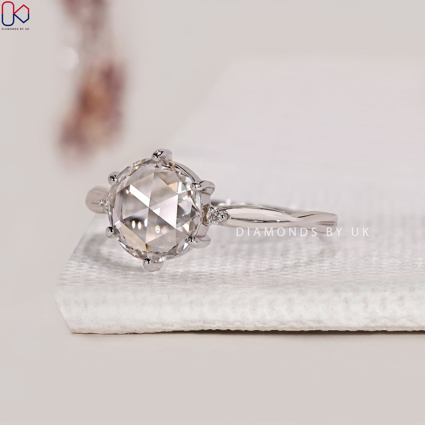 Rose Cut Diamond Ring with Round Side Stone