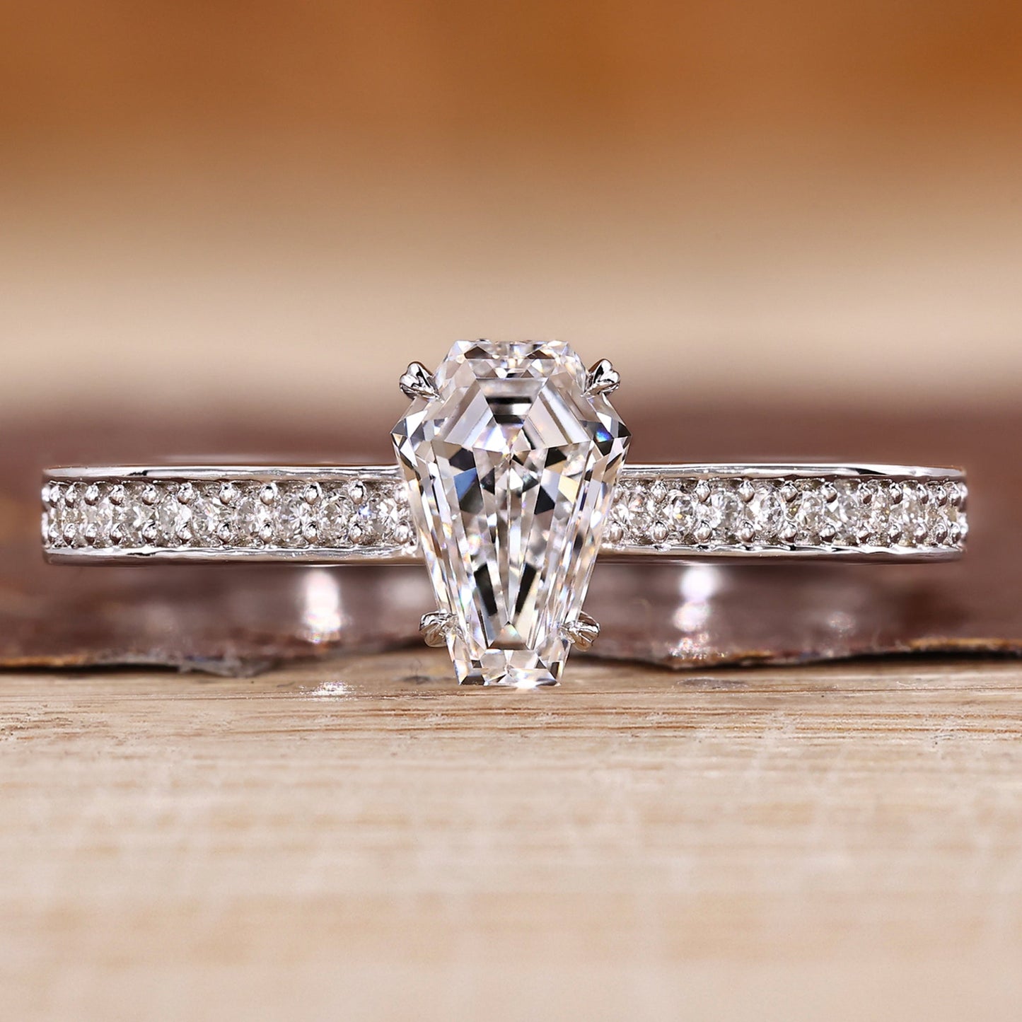 Cathedral Setting Coffin Cut Diamond Ring with Hidden Halo