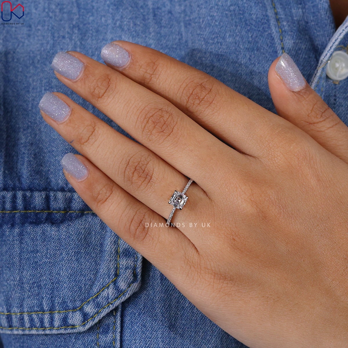 Asscher Diamond Ring With Pave Setting