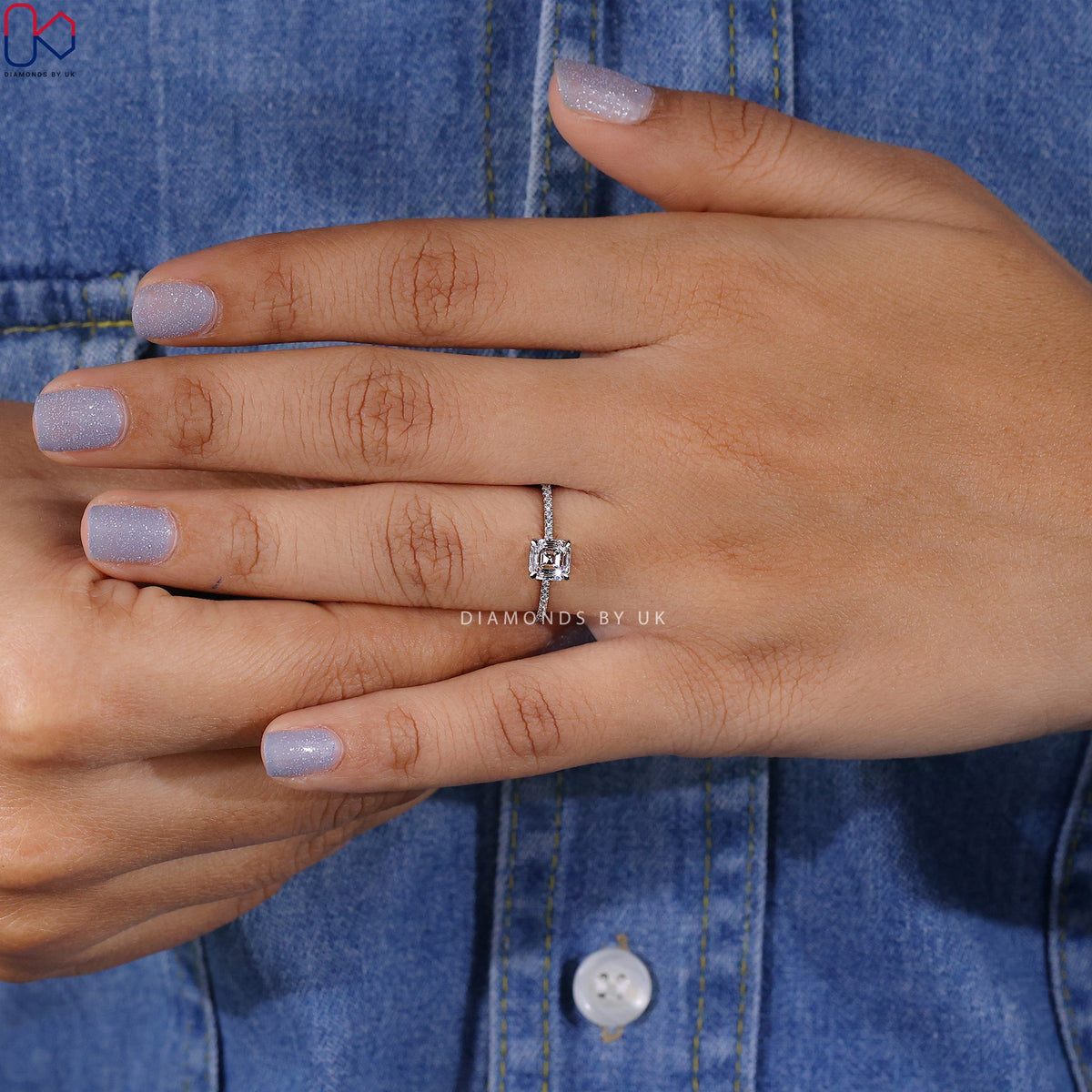Asscher Diamond Ring With Pave Setting