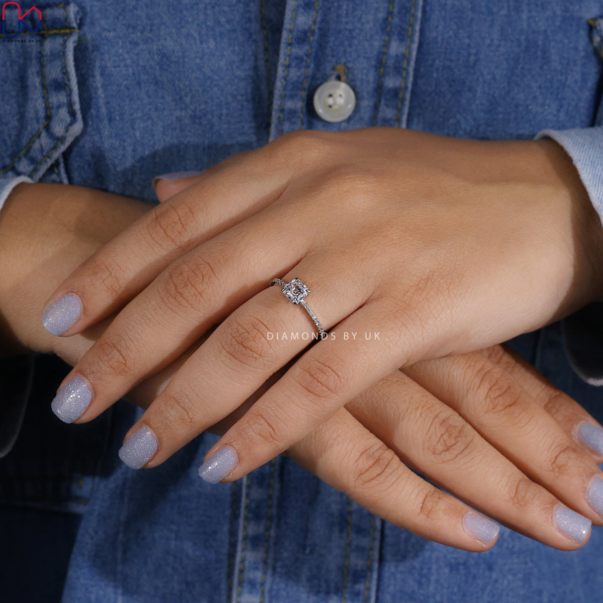Asscher Diamond Ring With Pave Setting