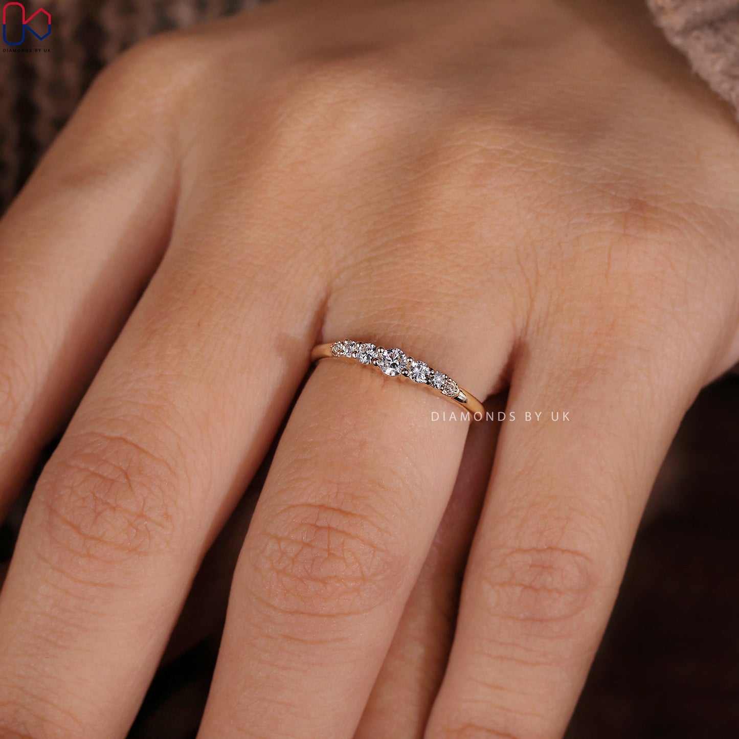 7 Stone Round Diamond Yellow Gold Wedding Band