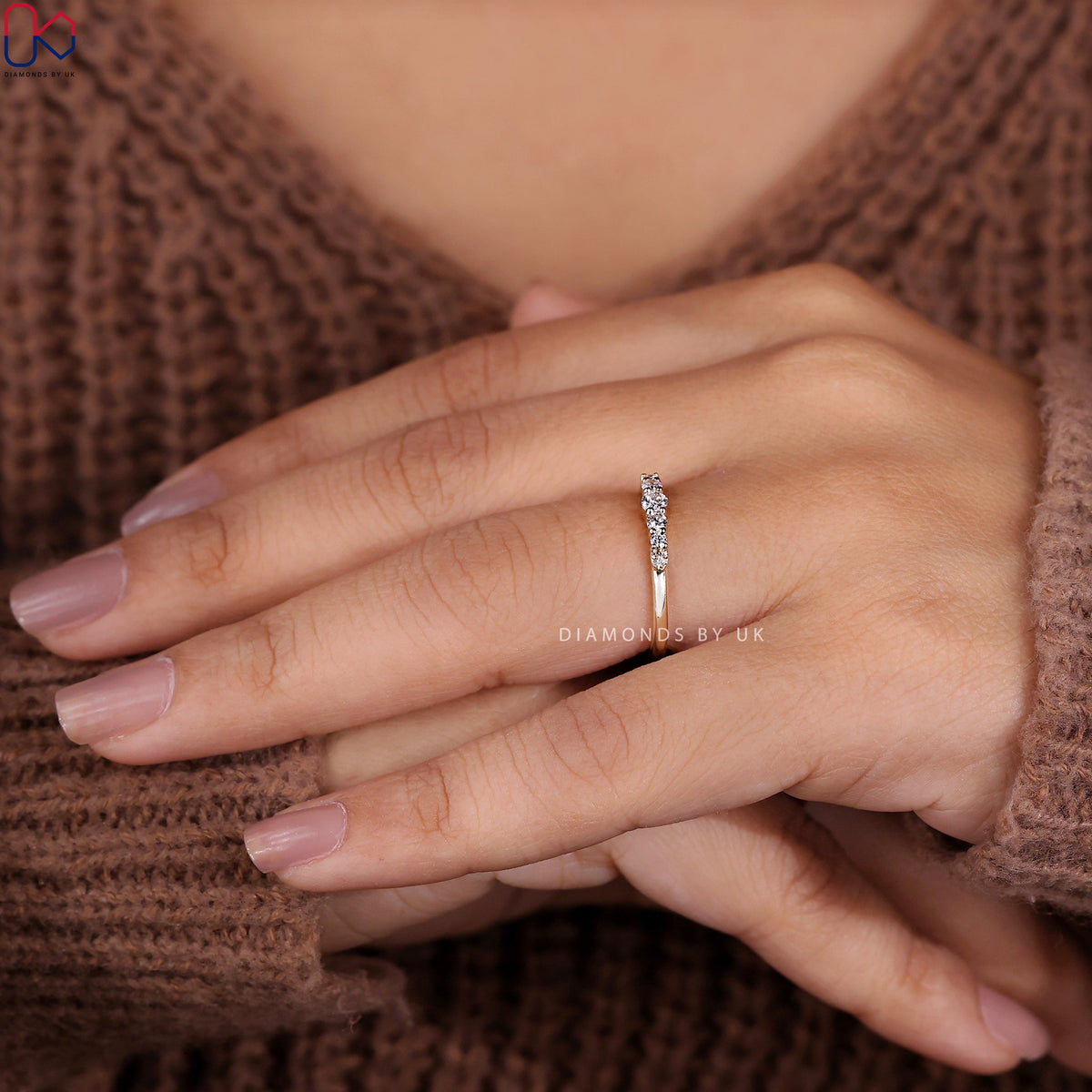 7 Stone Round Diamond Yellow Gold Wedding Band