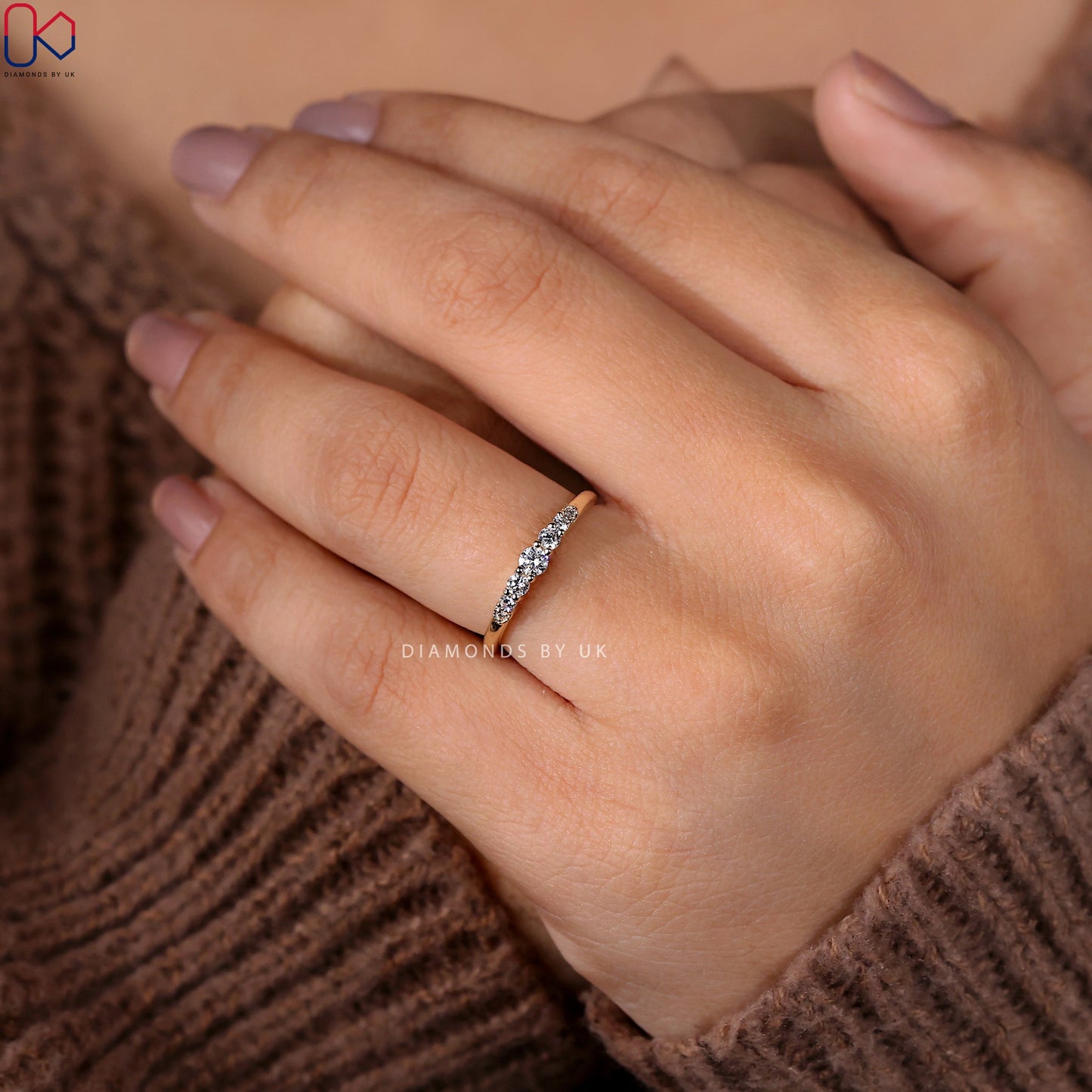 7 Stone Round Diamond Yellow Gold Wedding Band