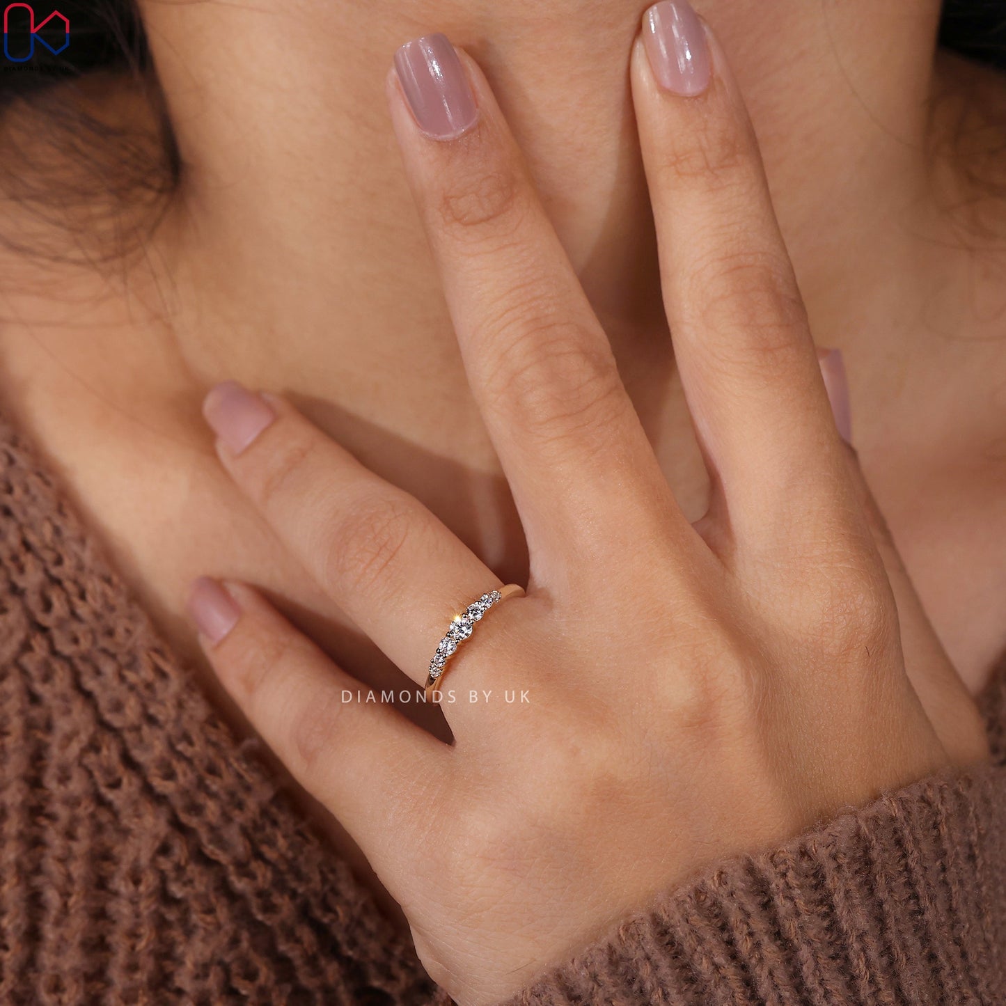 7 Stone Round Diamond Yellow Gold Wedding Band