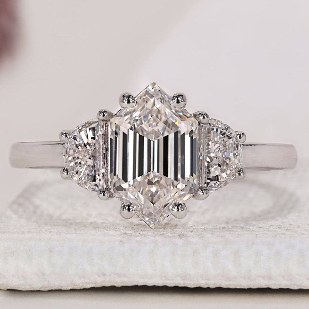 Hexagon Cut Diamond Engagement Ring with Half Moon Cut