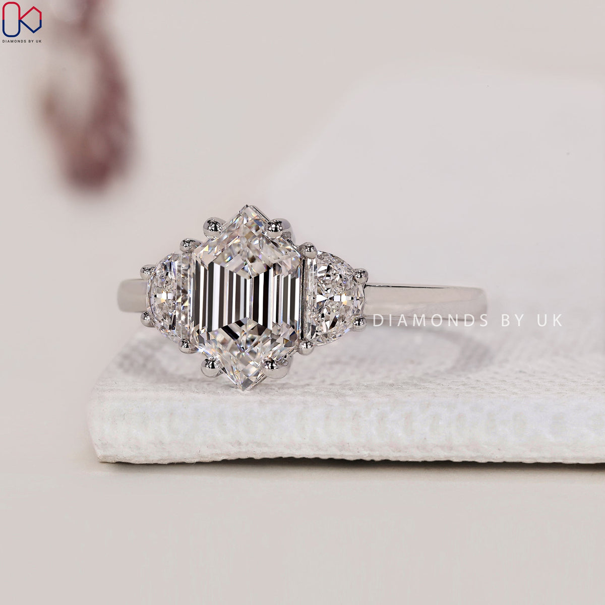 Hexagon Cut Diamond Engagement Ring with Half Moon Cut