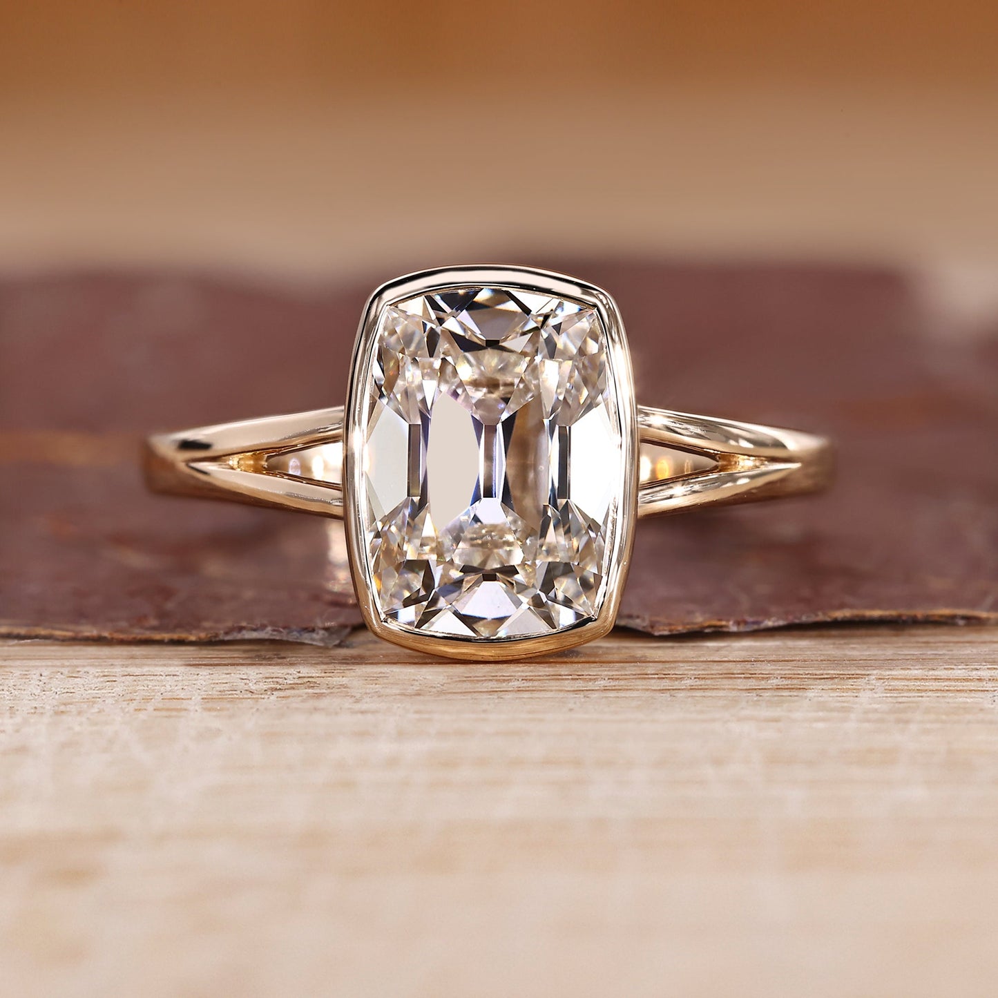 Cushion Old Mine Bezel Set Diamond Ring with Split Shank Band