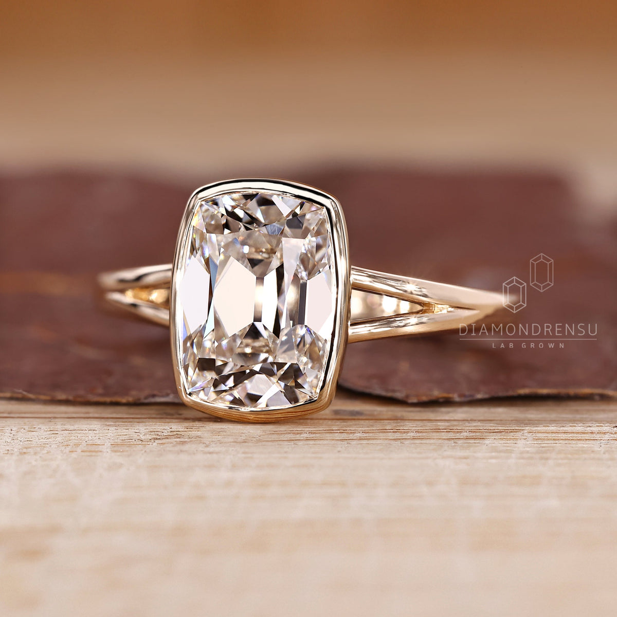 Cushion Old Mine Bezel Set Diamond Ring with Split Shank Band