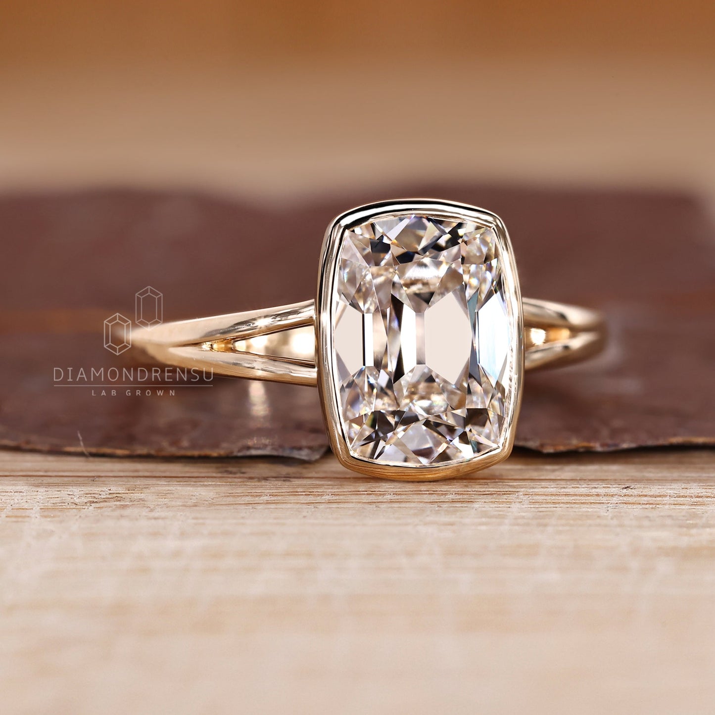 Cushion Old Mine Bezel Set Diamond Ring with Split Shank Band