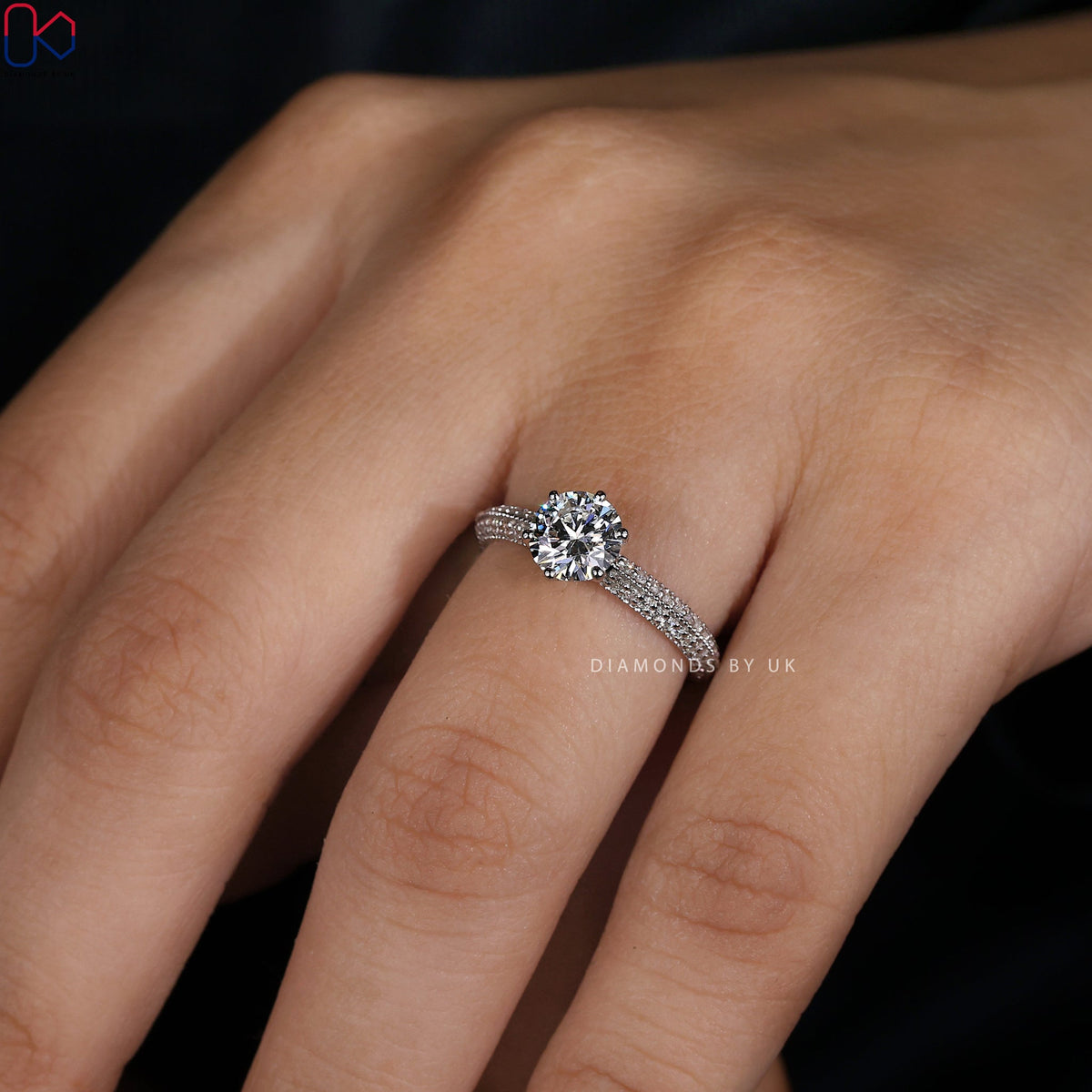 Round Diamond Double Row Pave Engagement Ring