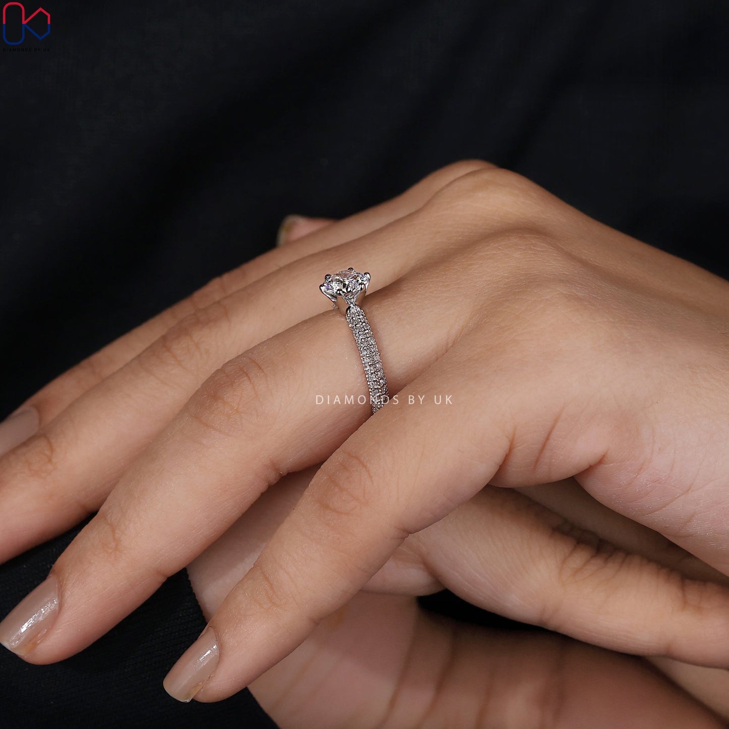 Round Diamond Double Row Pave Engagement Ring