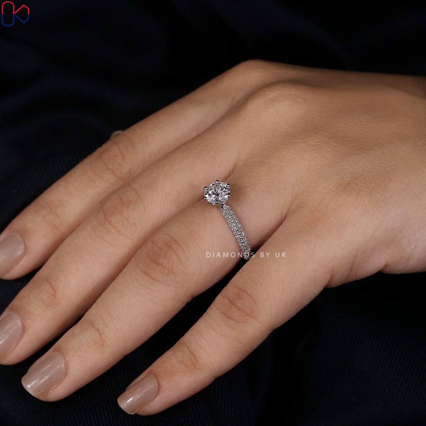 Round Diamond Double Row Pave Engagement Ring