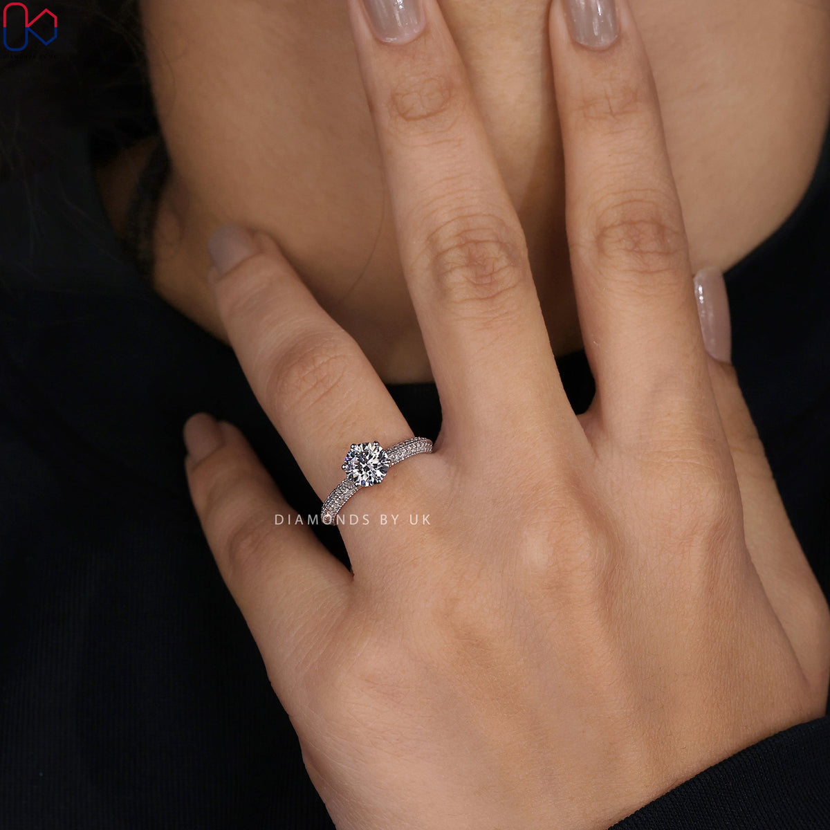 Round Diamond Double Row Pave Engagement Ring