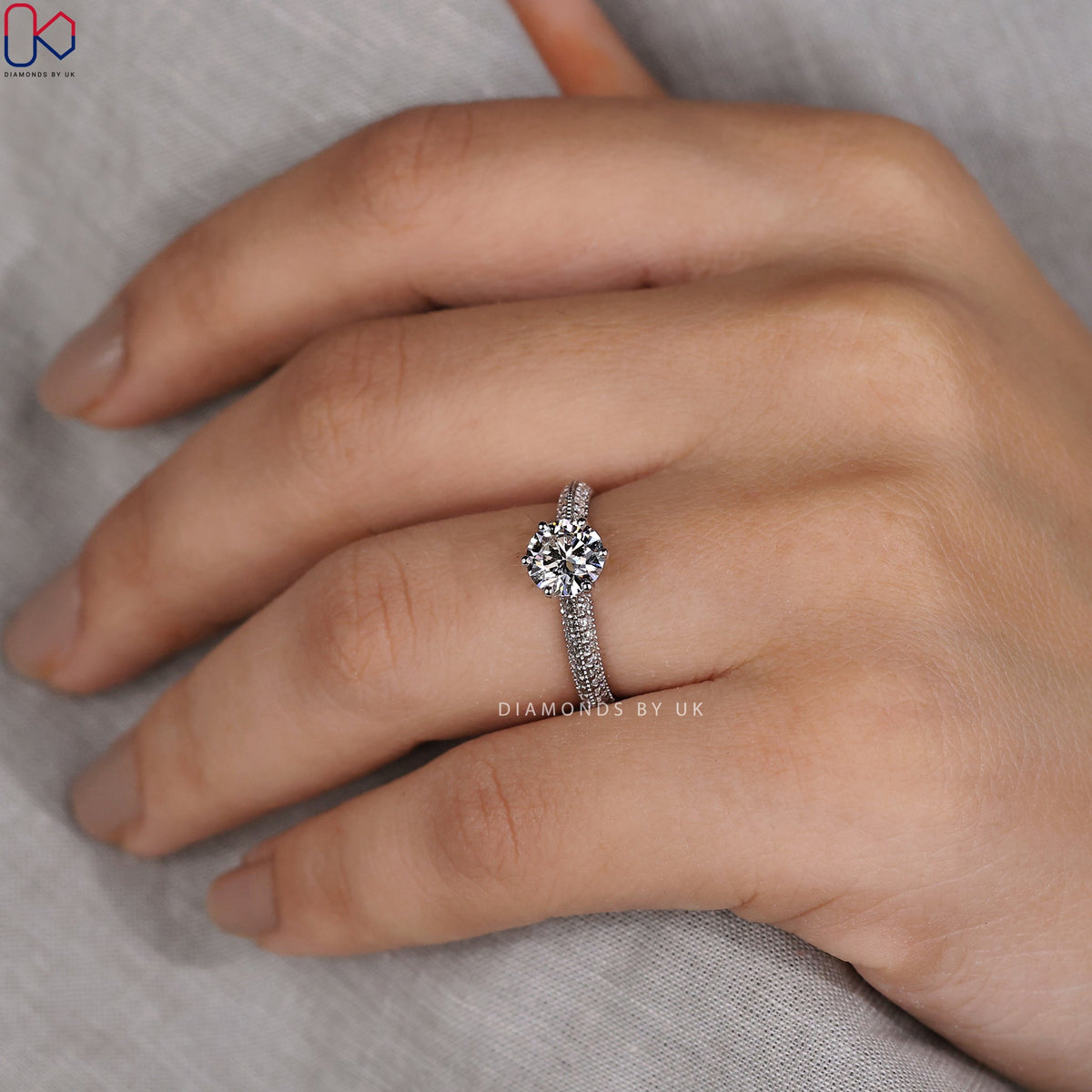 Round Diamond Double Row Pave Engagement Ring