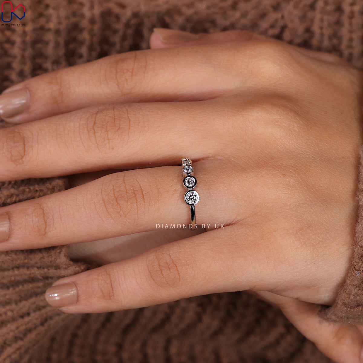 Round Cut White Gold Bezel Set Wedding Band