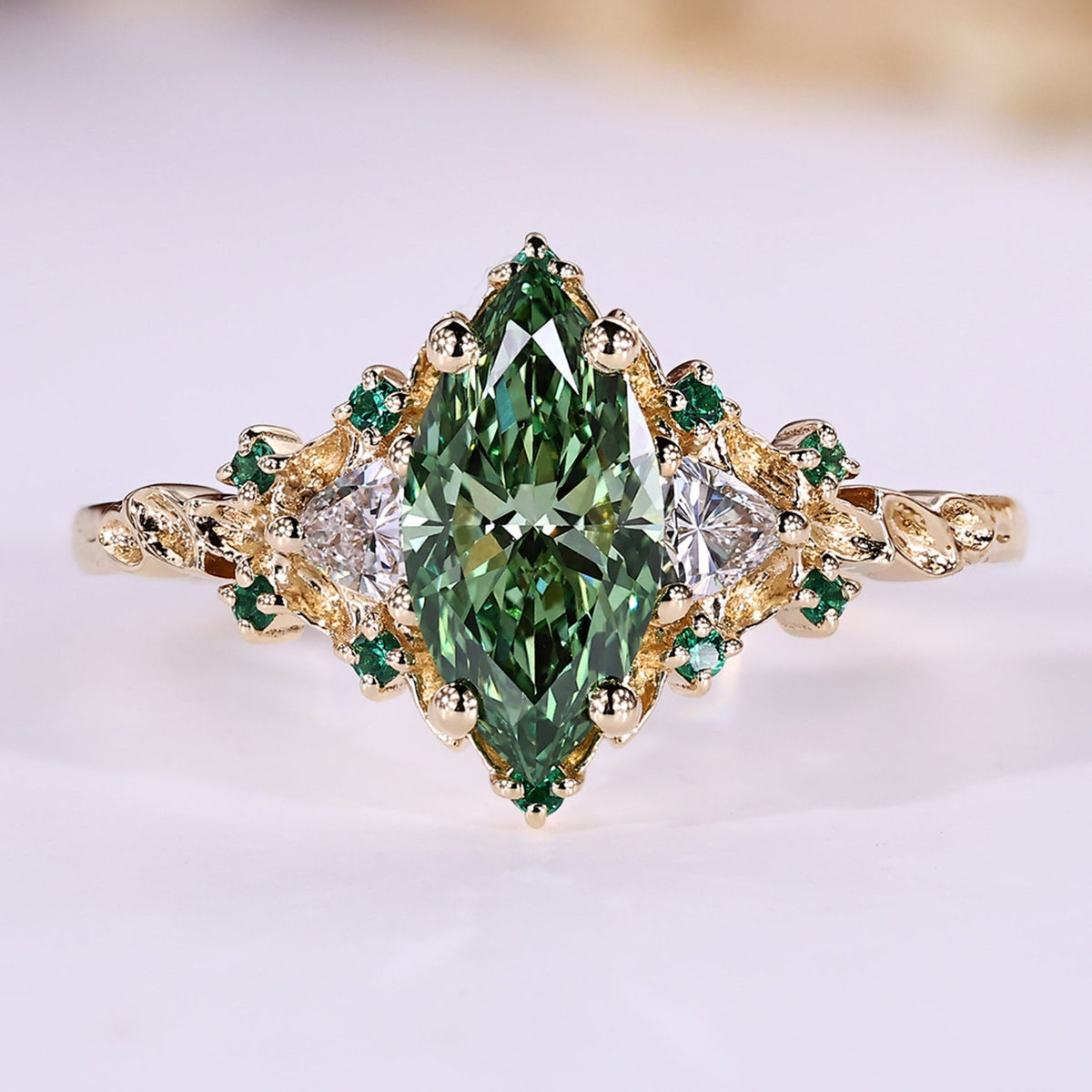 Vintage Green Marquise Engagement Ring with Cluster Setting