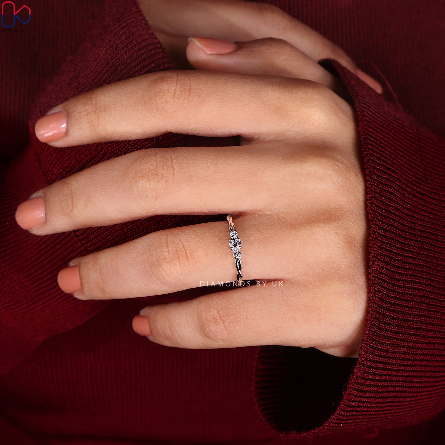 3 Stone Round Diamond Ring With Twist Shank