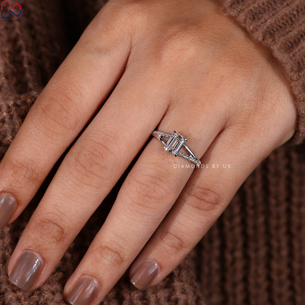 Split Shank Emerald Cut Ring In White Gold