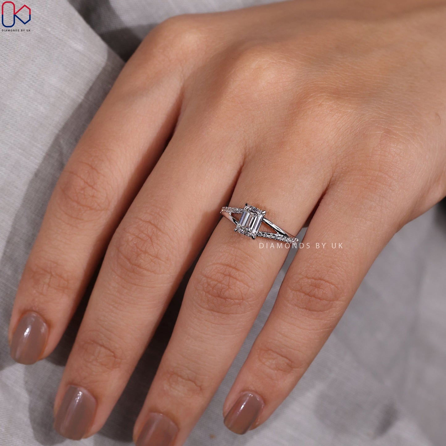 Split Shank Emerald Cut Ring In White Gold