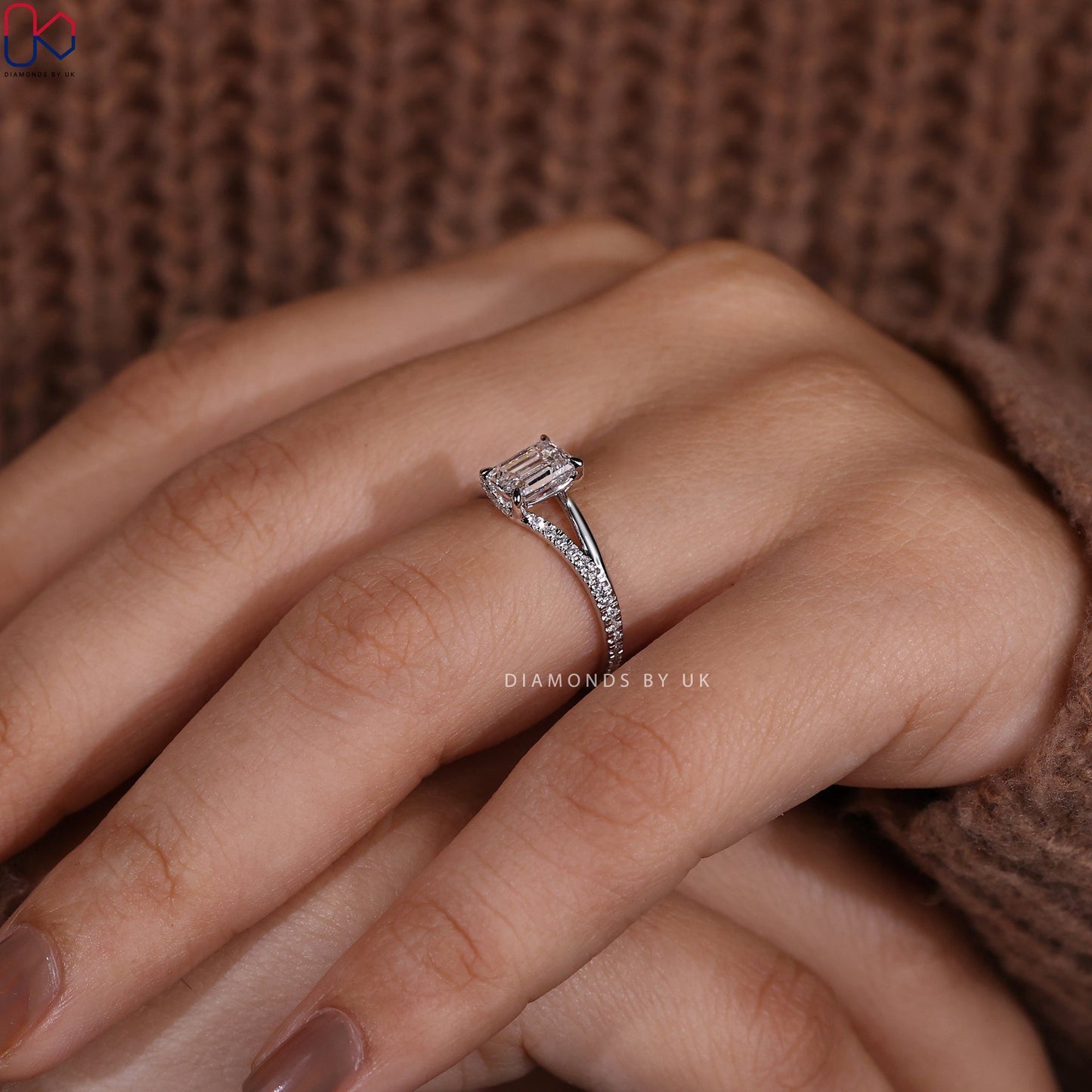 Split Shank Emerald Cut Ring In White Gold