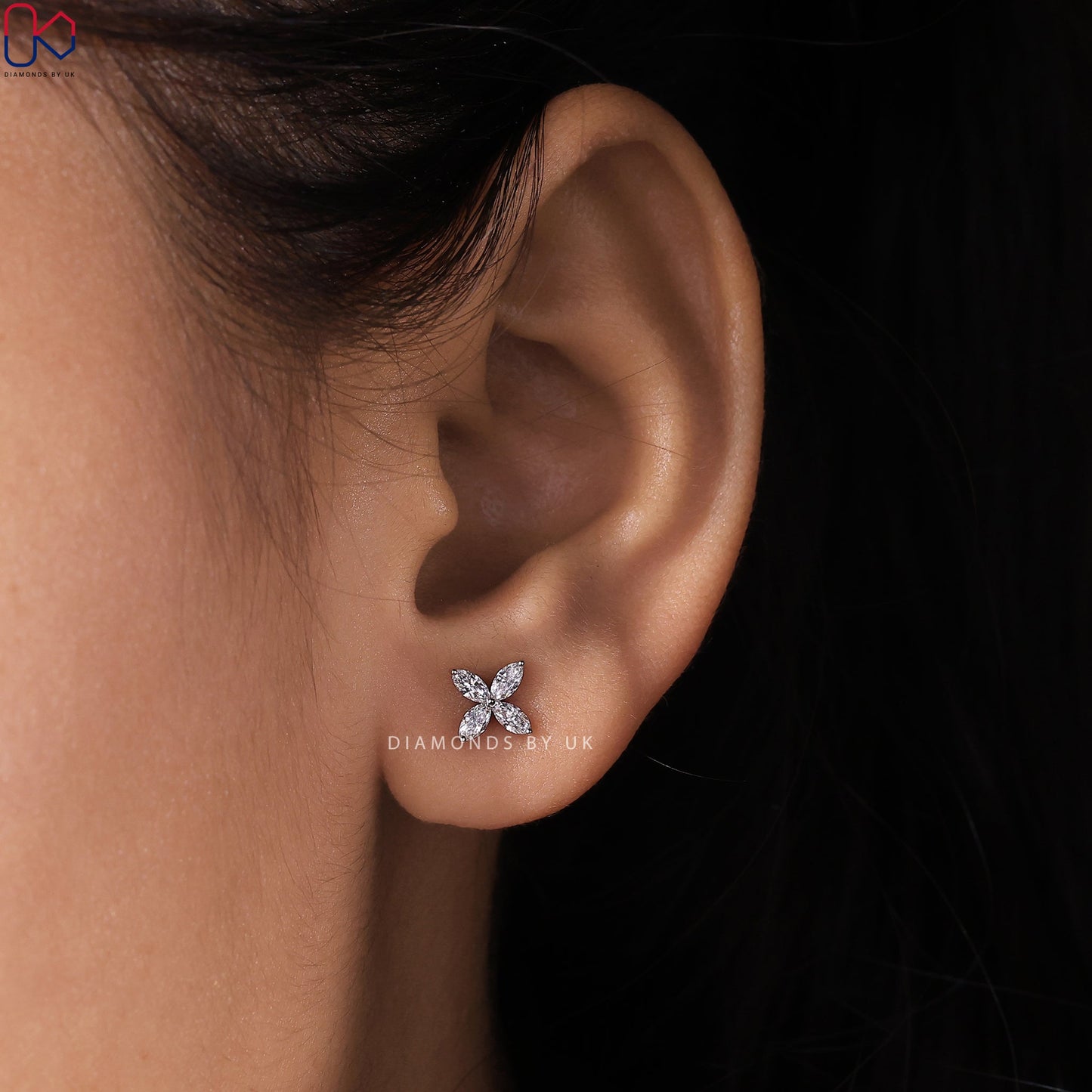 Marquise Diamond Flower Stud Gold Earrings