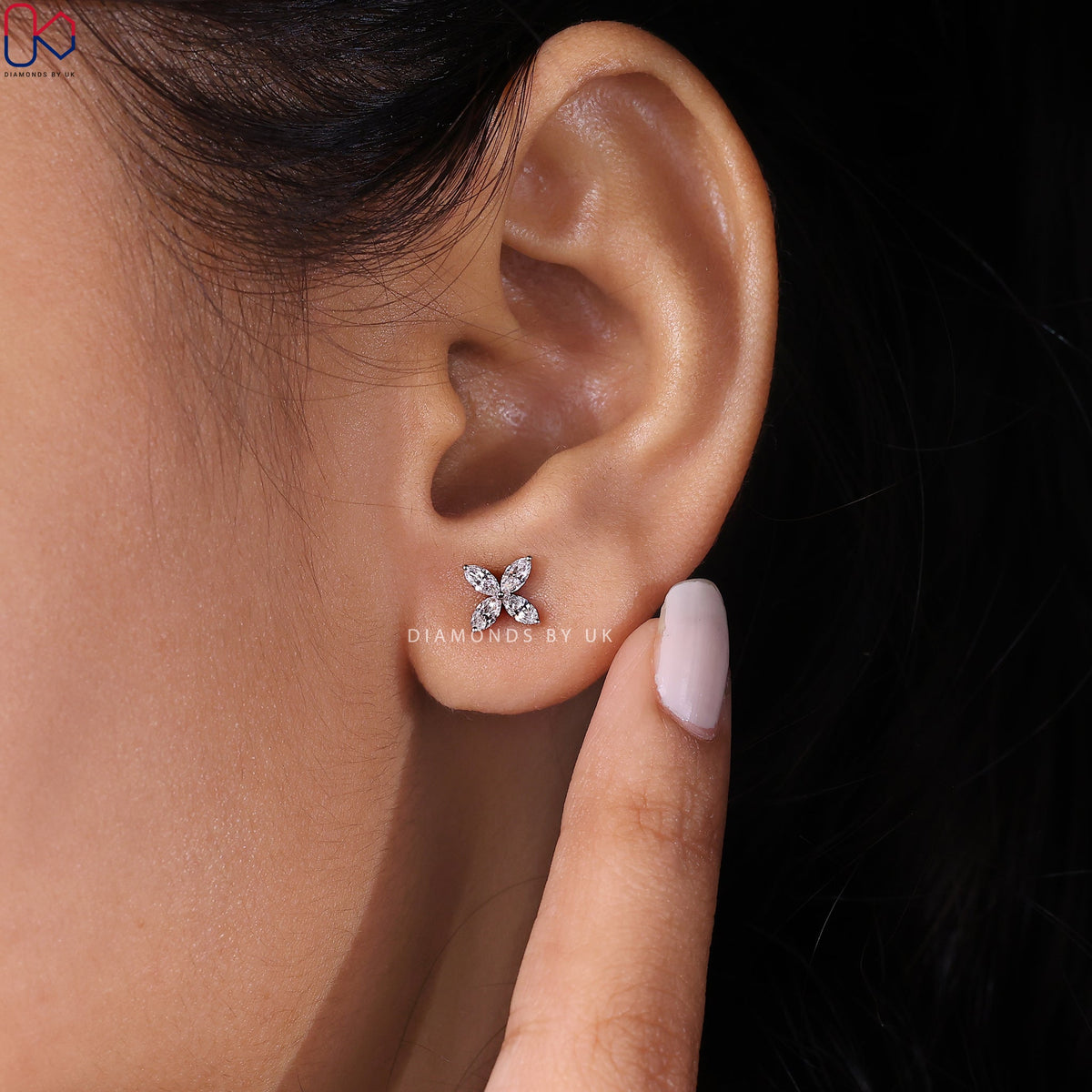 Marquise Diamond Flower Stud Gold Earrings
