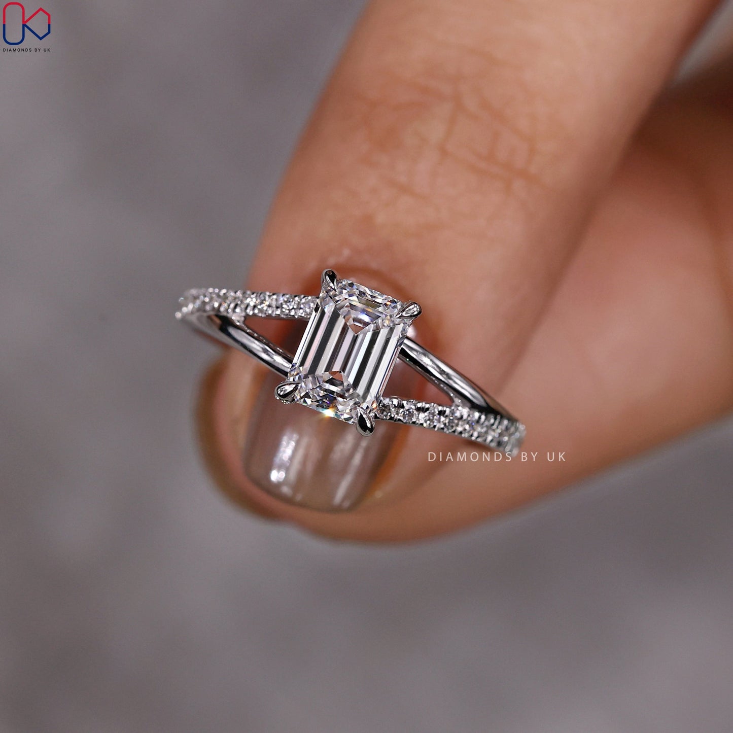 Split Shank Emerald Cut Ring In White Gold