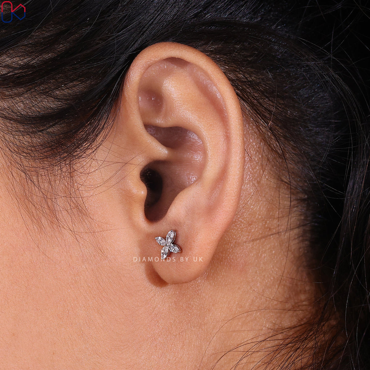 Marquise Diamond Flower Stud Gold Earrings