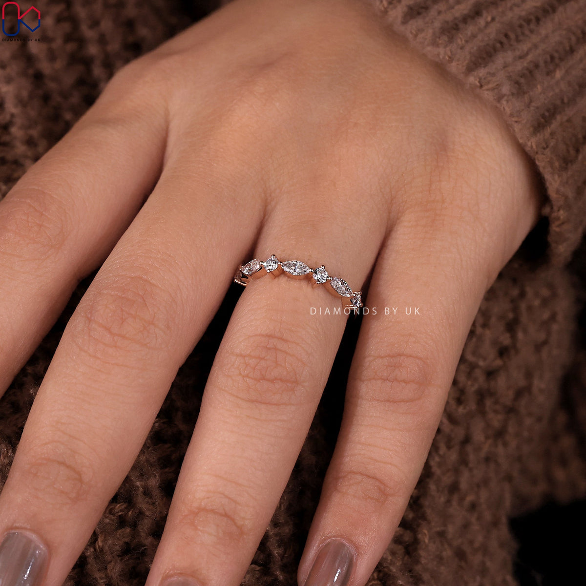 Rose Gold Round And Marquise Wedding Band