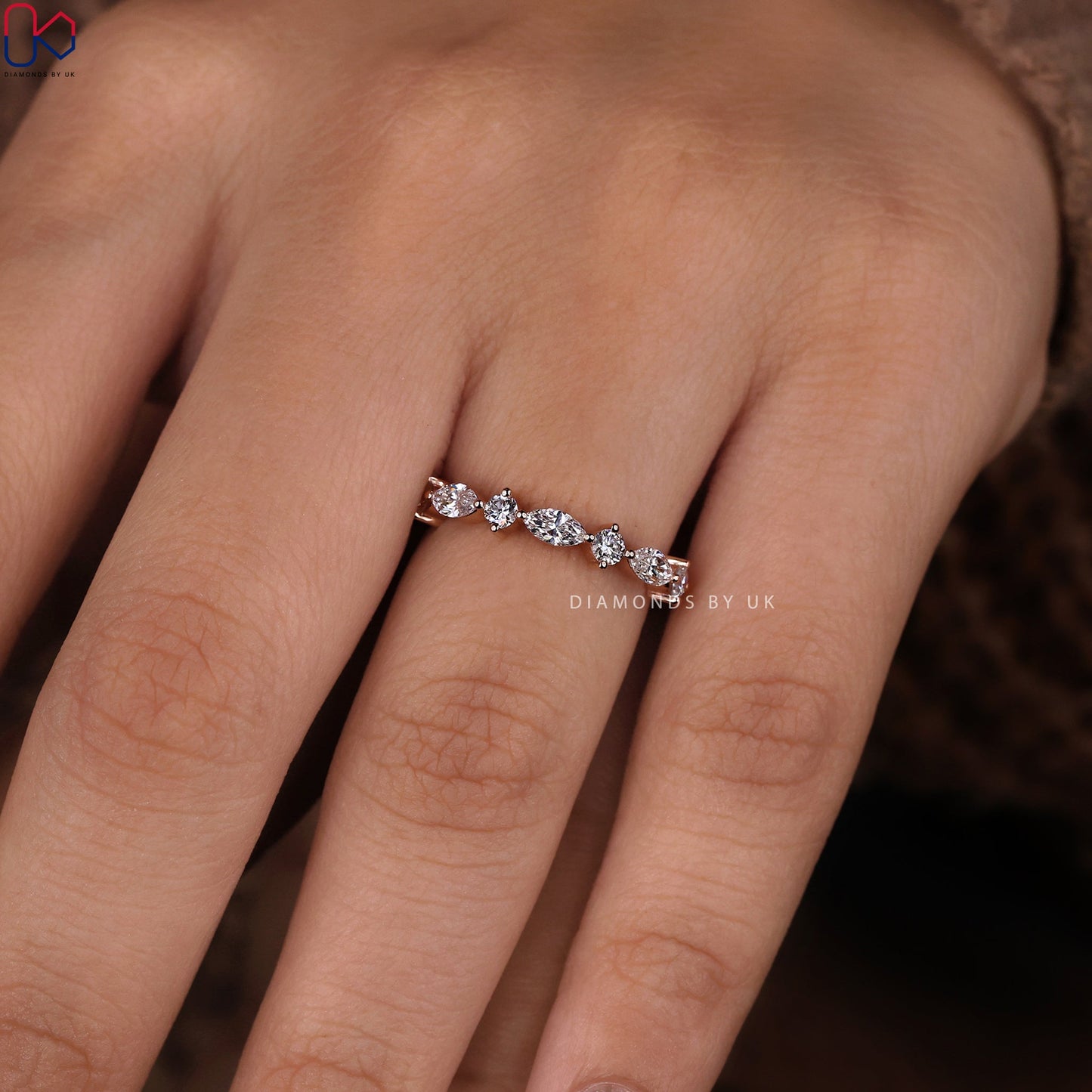 Rose Gold Round And Marquise Wedding Band