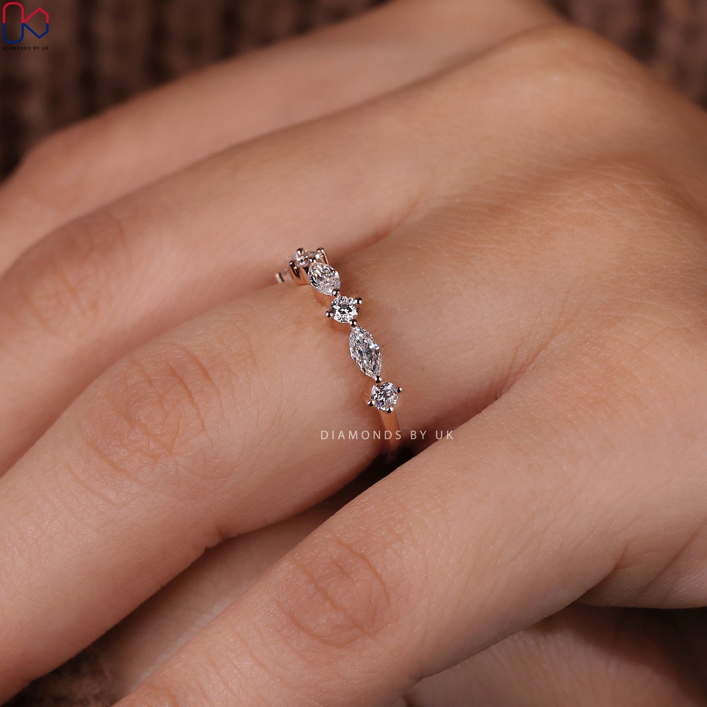 Rose Gold Round And Marquise Wedding Band