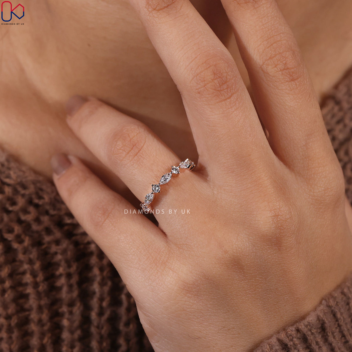Rose Gold Round And Marquise Wedding Band