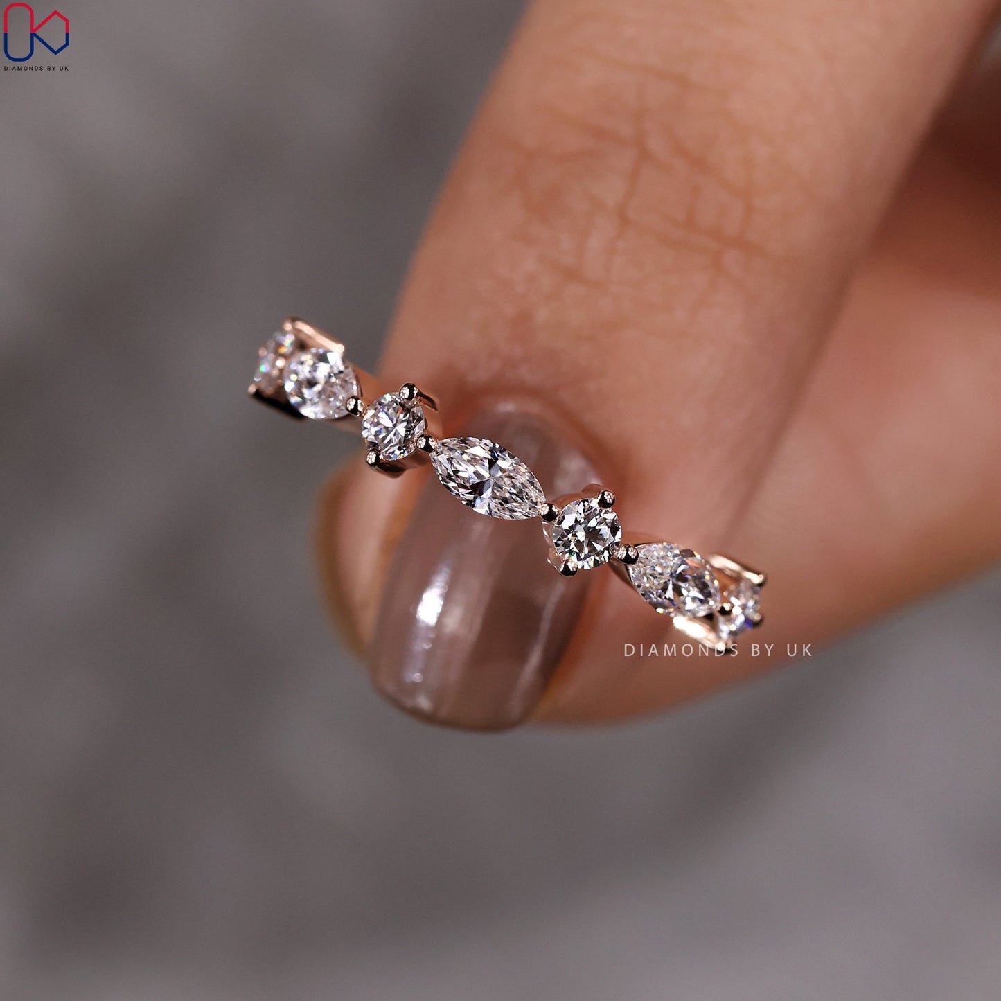 Rose Gold Round And Marquise Wedding Band