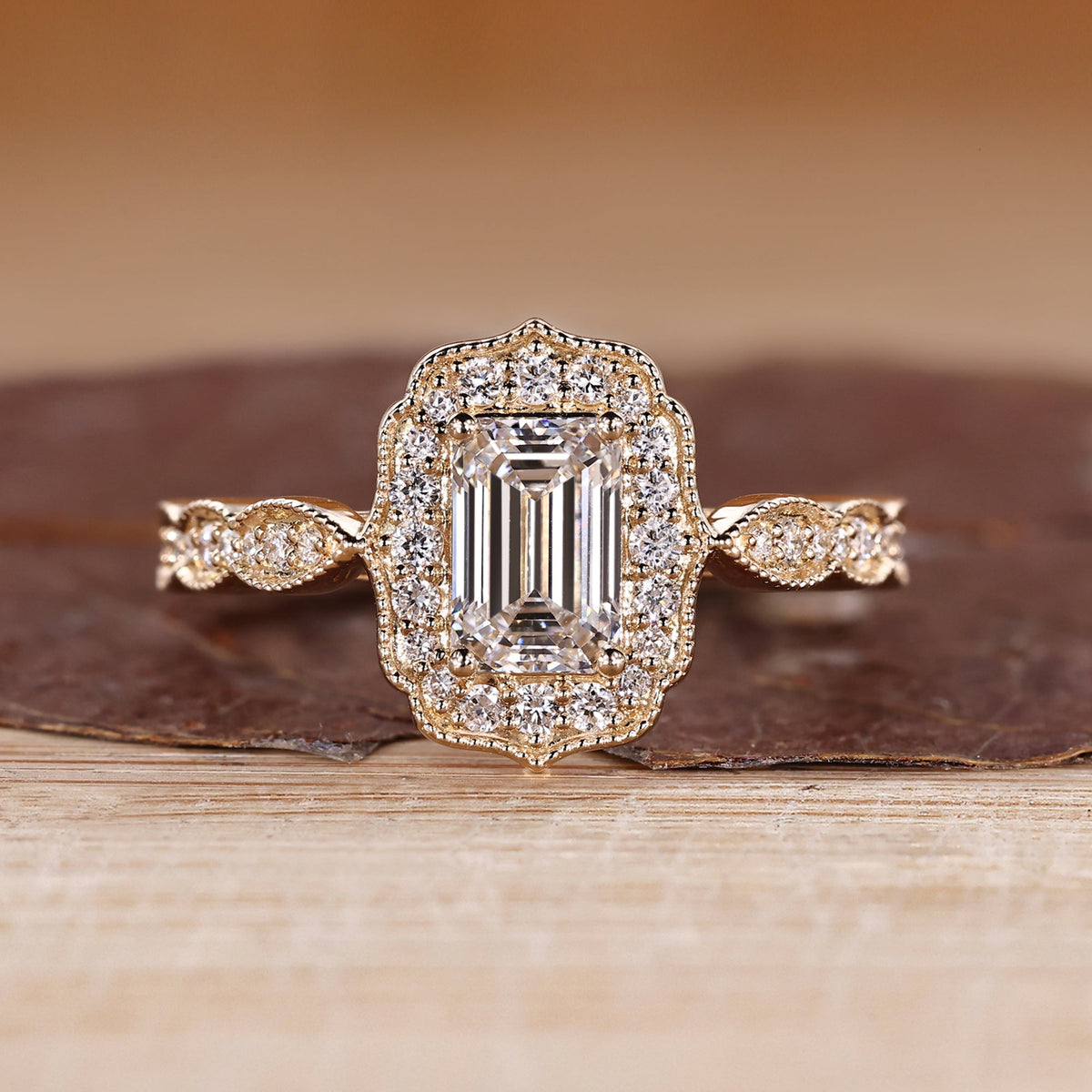 Emerald Cut Ring with Round Diamond Pave Band