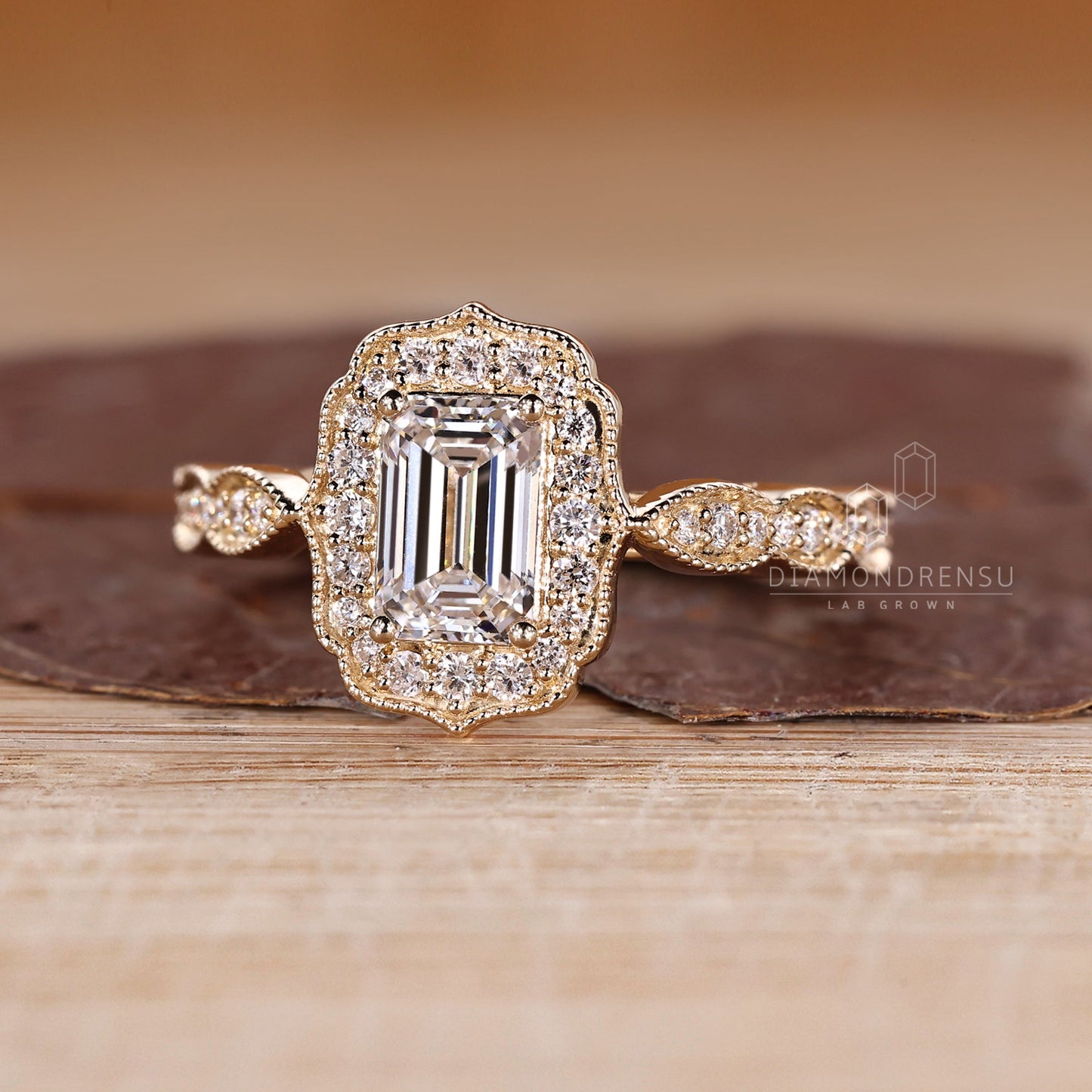 Emerald Cut Ring with Round Diamond Pave Band