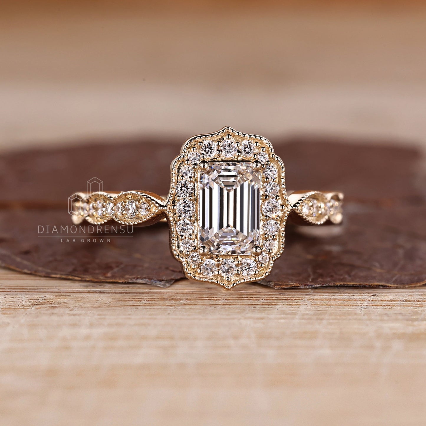 Emerald Cut Ring with Round Diamond Pave Band