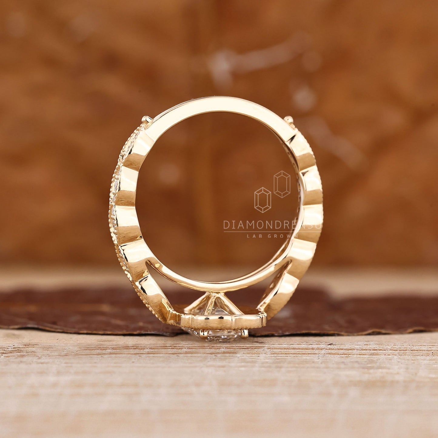 Emerald Cut Ring with Round Diamond Pave Band