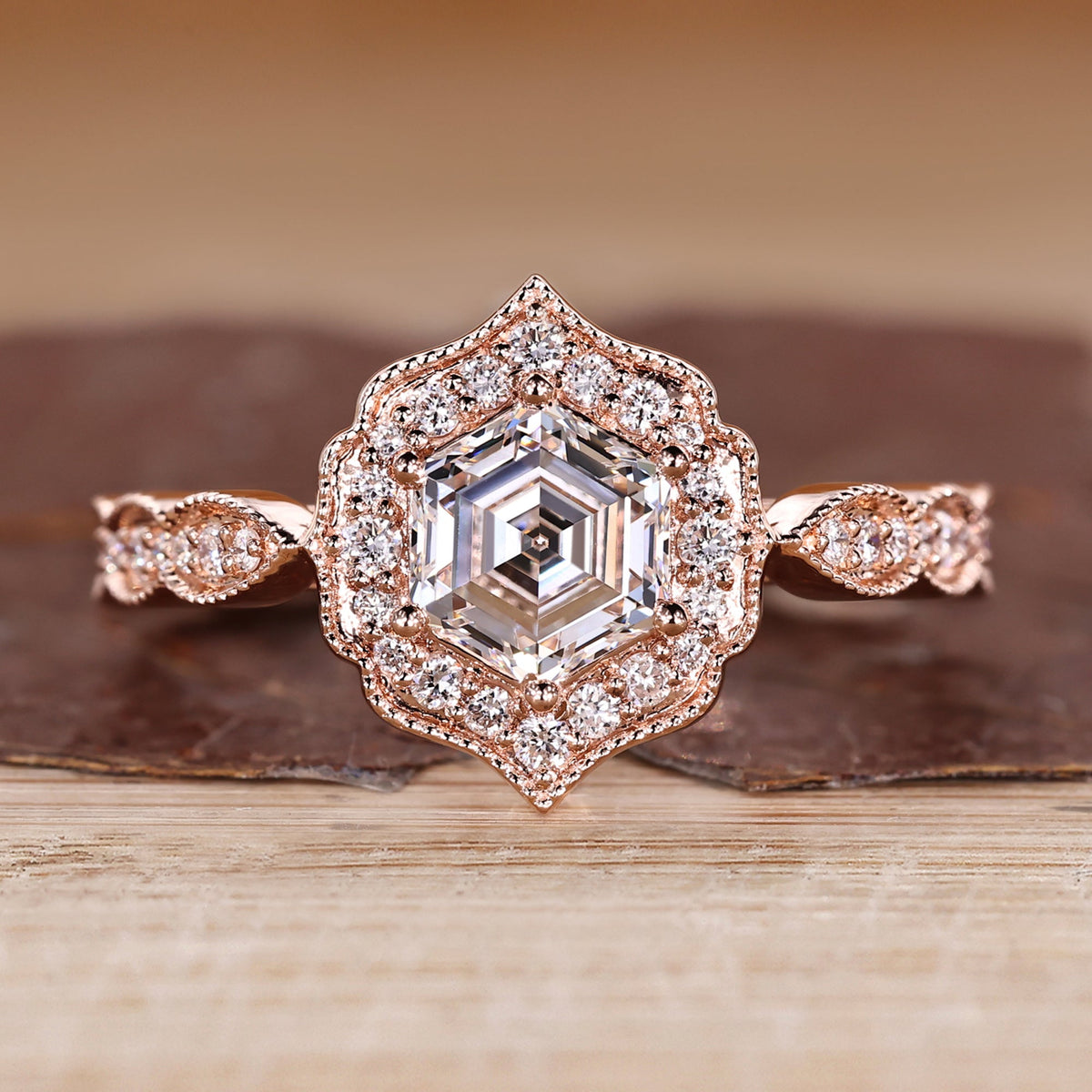Hexagon Diamond Ring in Halo Setting
