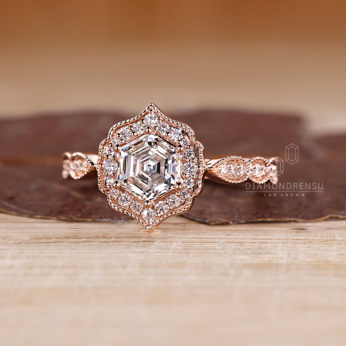 Hexagon Diamond Ring in Halo Setting