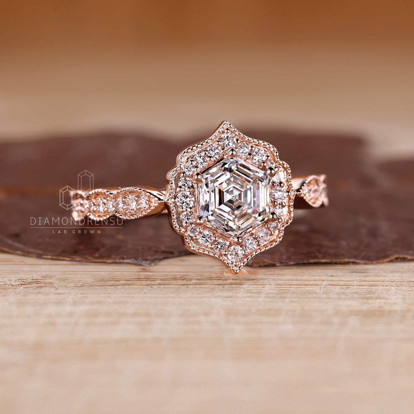 Hexagon Diamond Ring in Halo Setting