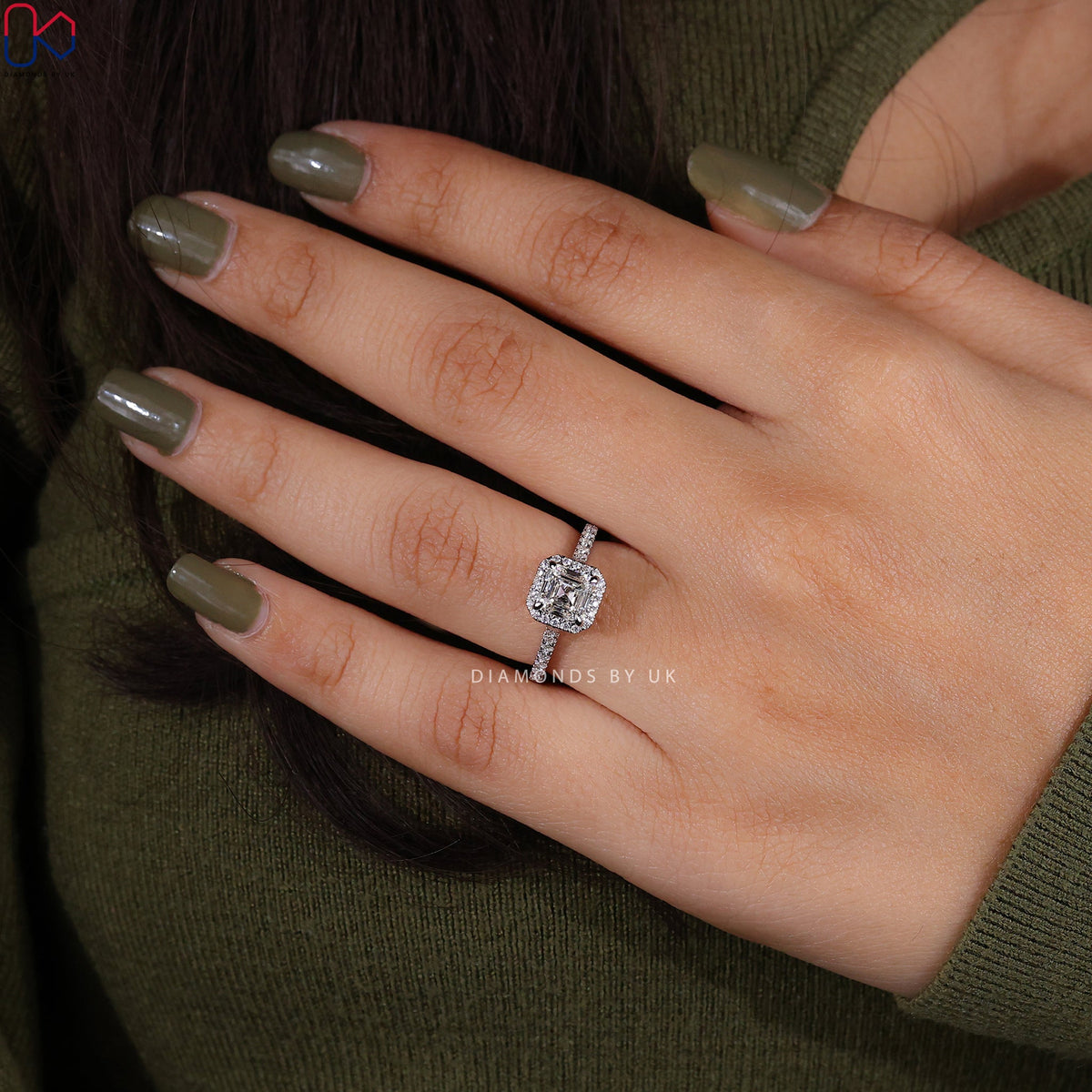 Asscher Cut Diamond Ring With Halo Pave Setting