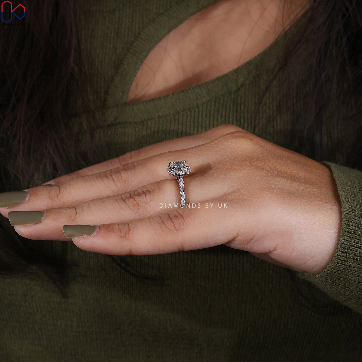 Asscher Cut Diamond Ring With Halo Pave Setting